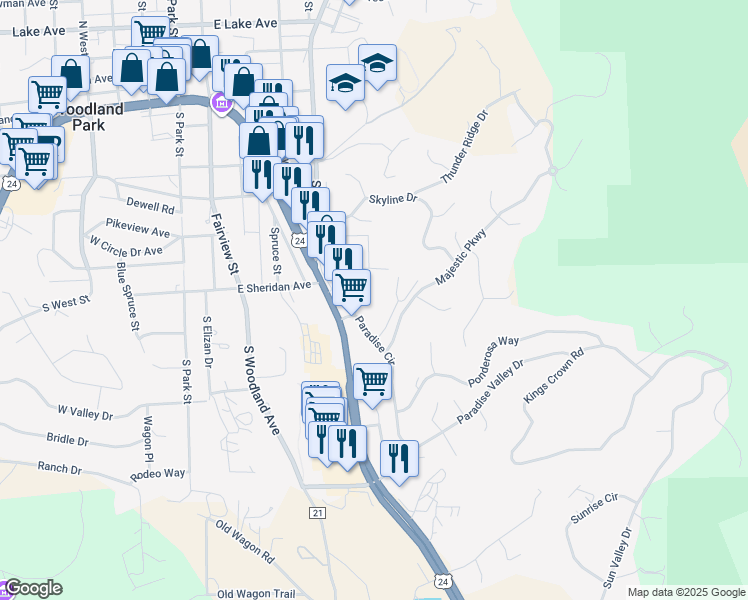 map of restaurants, bars, coffee shops, grocery stores, and more near 570 Manor Court in Woodland Park