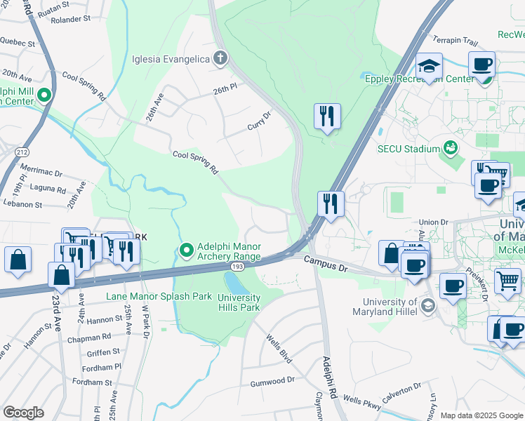 map of restaurants, bars, coffee shops, grocery stores, and more near 3403 Cool Spring Road in Adelphi