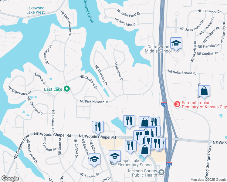 map of restaurants, bars, coffee shops, grocery stores, and more near 4109 Northeast Courtney Drive in Lee's Summit