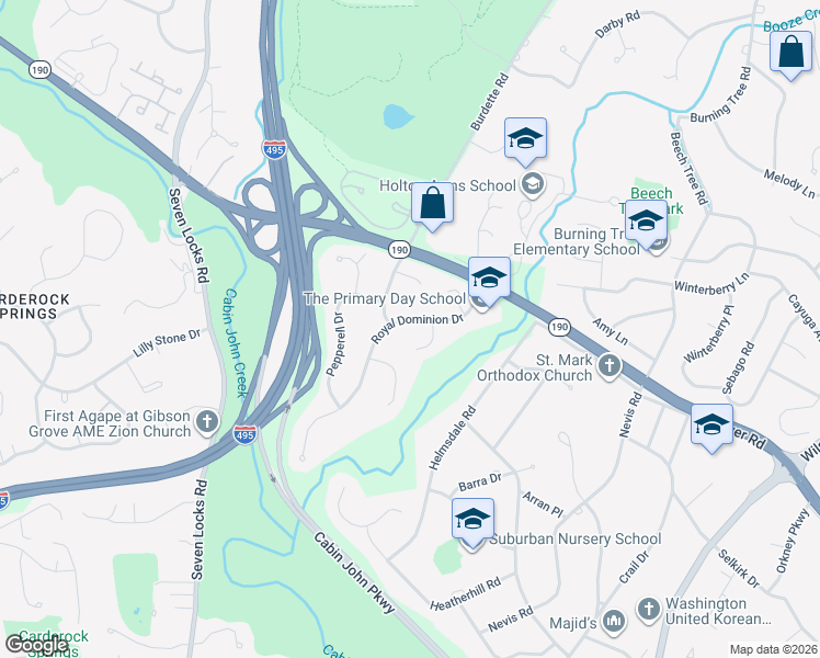 map of restaurants, bars, coffee shops, grocery stores, and more near 7430 Royal Dominion Drive in Bethesda