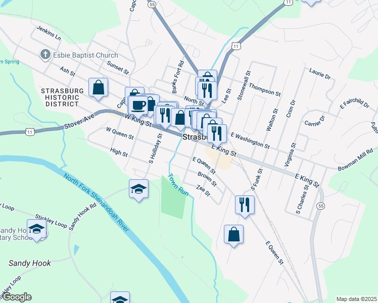 map of restaurants, bars, coffee shops, grocery stores, and more near 170 South Massanutten Street in Strasburg