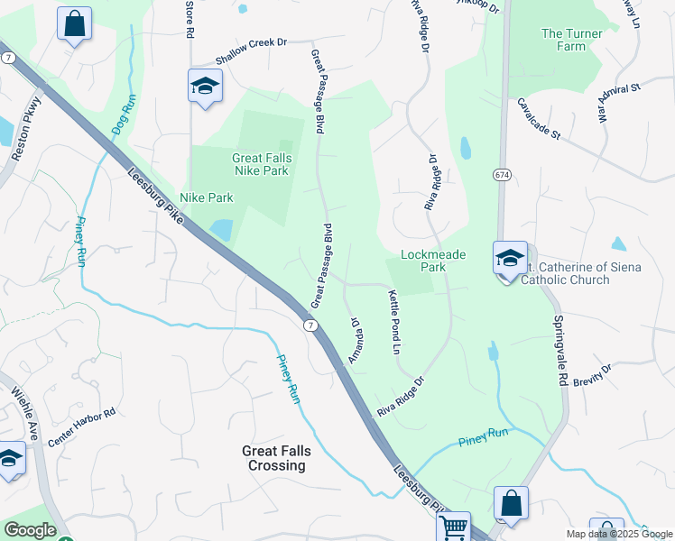 map of restaurants, bars, coffee shops, grocery stores, and more near 1143 Kettle Pond Lane in Great Falls