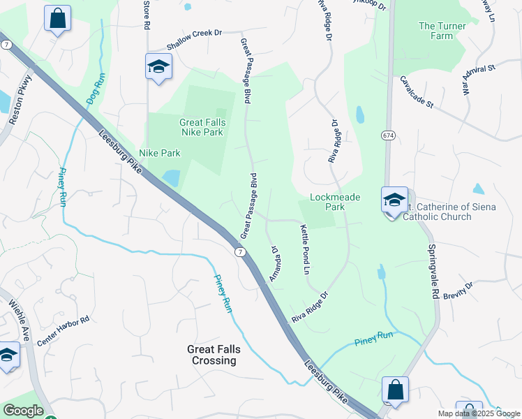 map of restaurants, bars, coffee shops, grocery stores, and more near 1143 Kettle Pond Lane in Great Falls