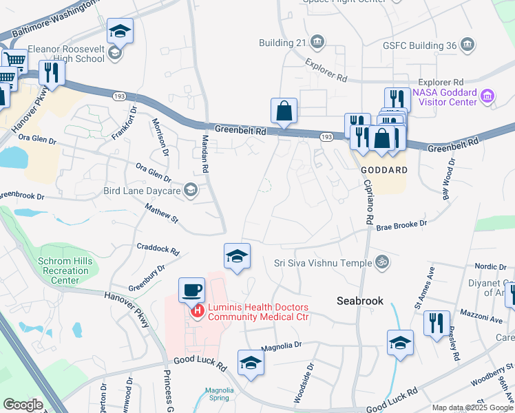 map of restaurants, bars, coffee shops, grocery stores, and more near 8455 Greenbelt Road in Greenbelt