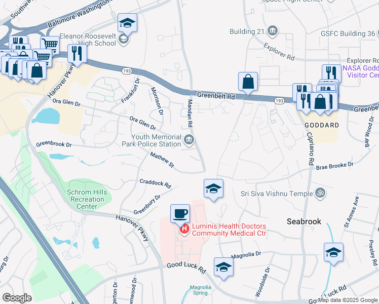 map of restaurants, bars, coffee shops, grocery stores, and more near 8119 Bird Lane in Greenbelt