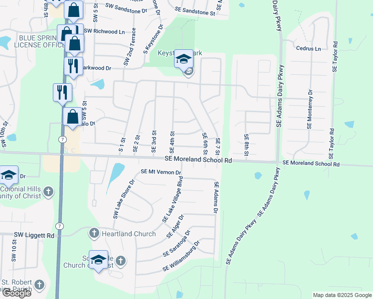 map of restaurants, bars, coffee shops, grocery stores, and more near 500 Southeast Sherri Lane in Blue Springs