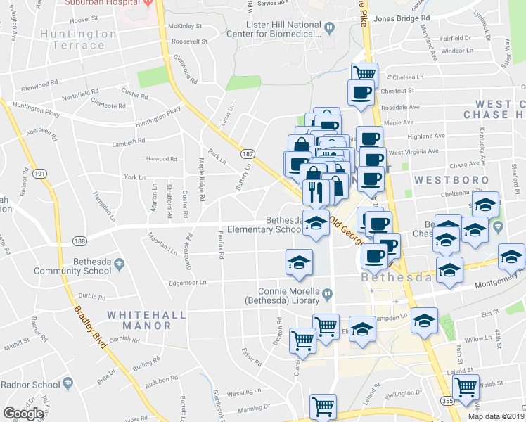 map of restaurants, bars, coffee shops, grocery stores, and more near 7807 Exeter Road in Bethesda