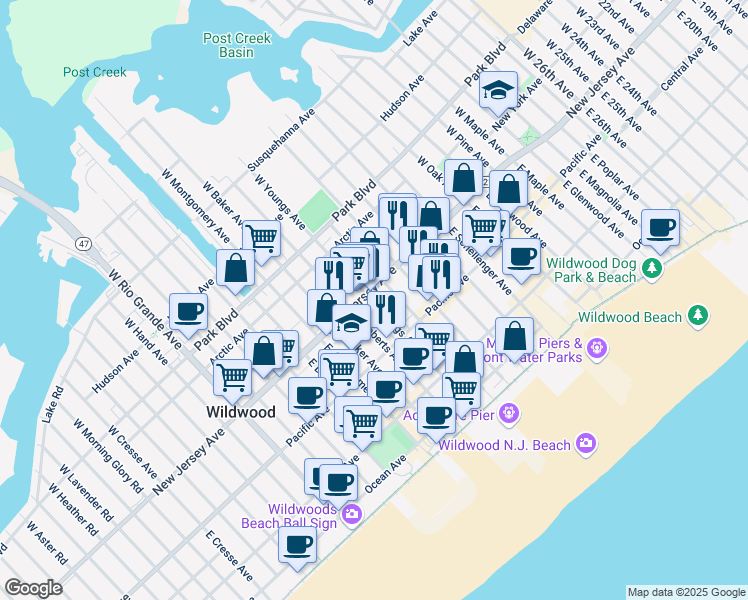 map of restaurants, bars, coffee shops, grocery stores, and more near 110 East Spencer Avenue in Wildwood