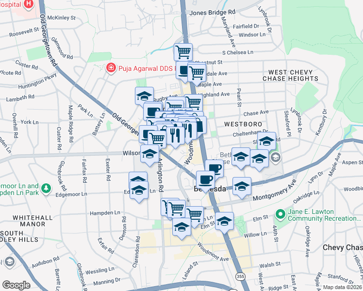 map of restaurants, bars, coffee shops, grocery stores, and more near 4914 Fairmont Avenue in Bethesda