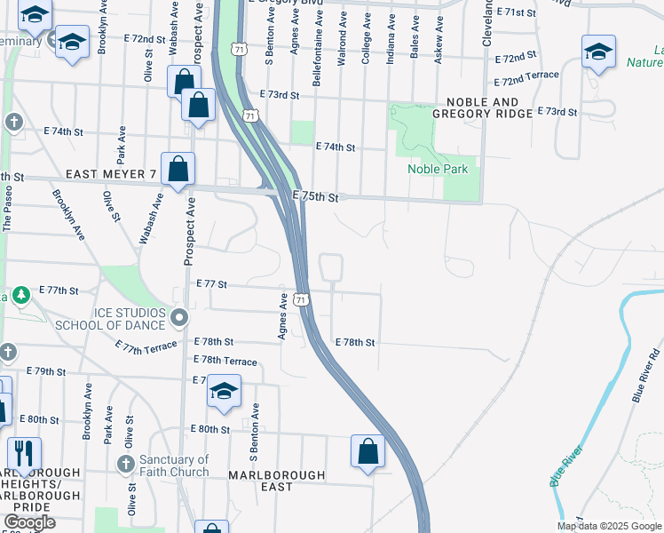 map of restaurants, bars, coffee shops, grocery stores, and more near 7621 East Bellefontaine Avenue in Kansas City