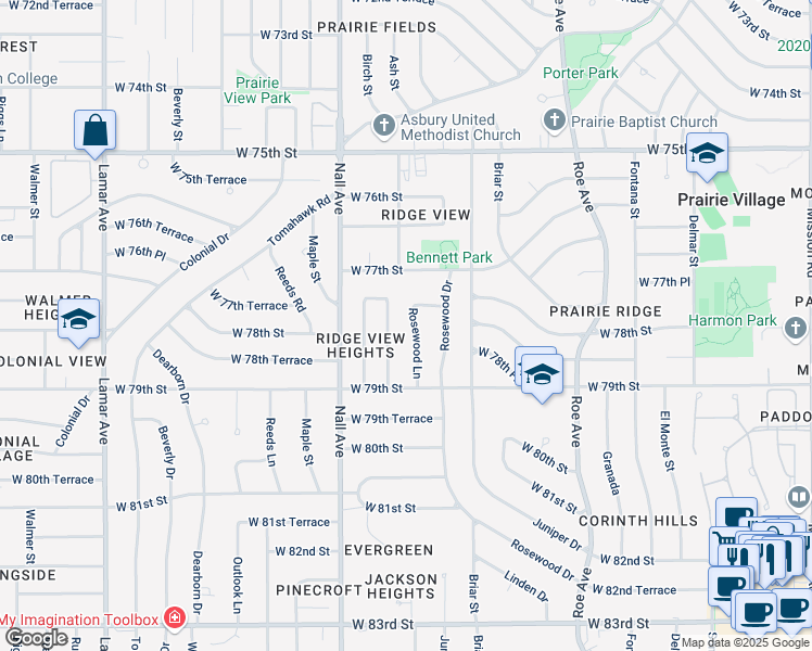 map of restaurants, bars, coffee shops, grocery stores, and more near 7739 Ash Street in Prairie Village