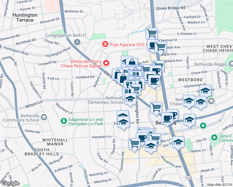 map of restaurants, bars, coffee shops, grocery stores, and more near 5014 Del Ray Avenue in Bethesda