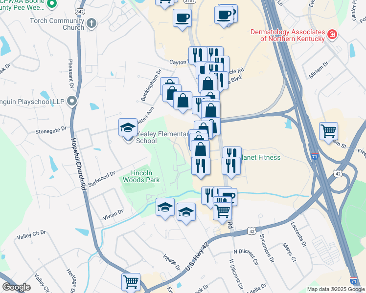 map of restaurants, bars, coffee shops, grocery stores, and more near 8200 Preakness Drive in Florence