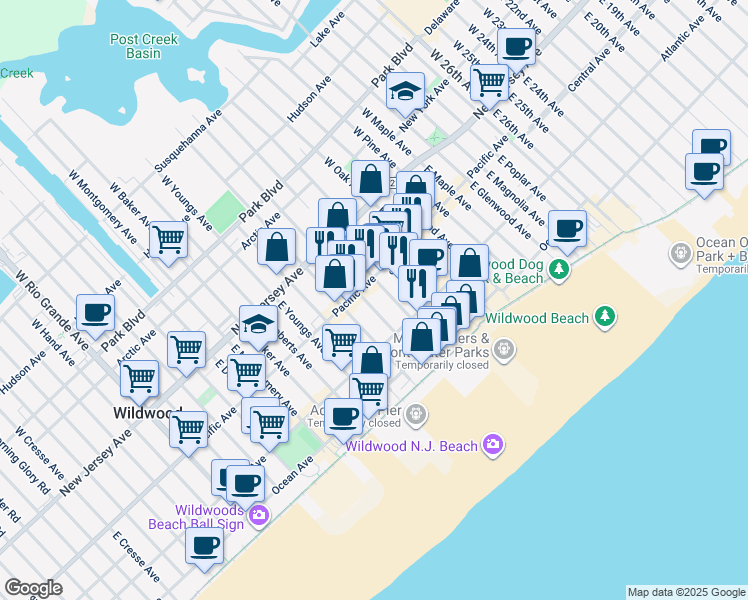 map of restaurants, bars, coffee shops, grocery stores, and more near 217 East Garfield Avenue in Wildwood