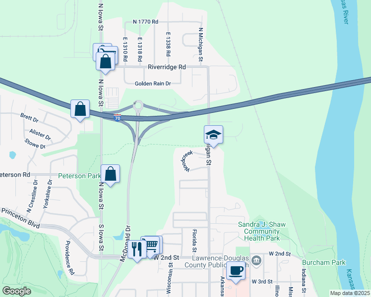 map of restaurants, bars, coffee shops, grocery stores, and more near 4 Woodcreek in Lawrence