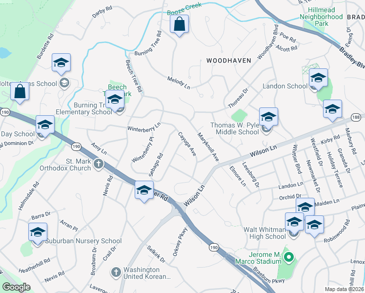 map of restaurants, bars, coffee shops, grocery stores, and more near 7709 Massena Road in Bethesda