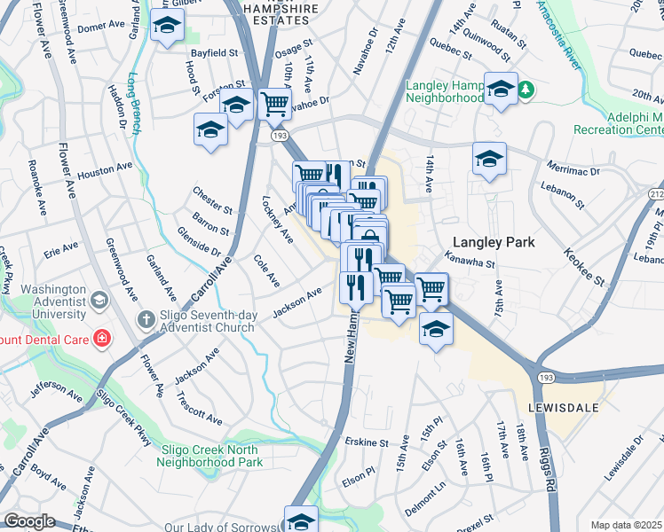 map of restaurants, bars, coffee shops, grocery stores, and more near 1215 Kirklynn Avenue in Takoma Park