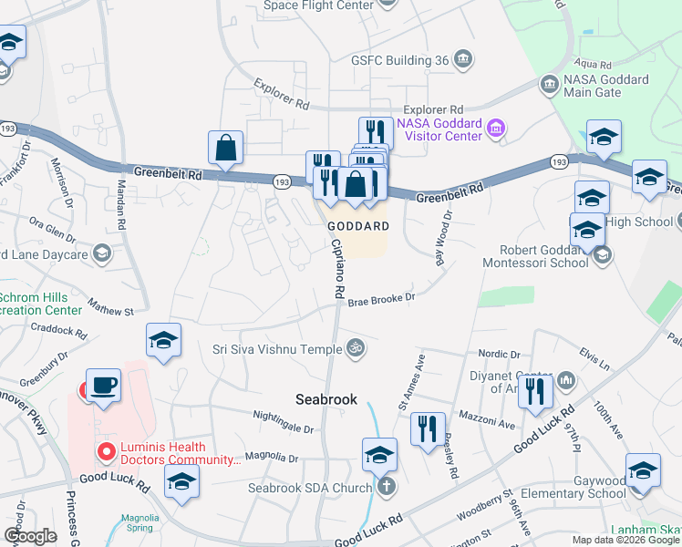 map of restaurants, bars, coffee shops, grocery stores, and more near Cipriano Road in Prince George's