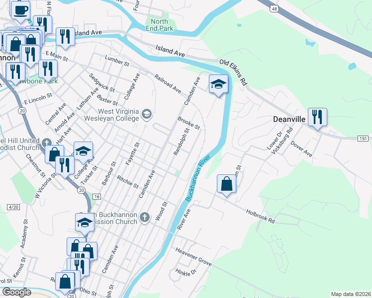 map of restaurants, bars, coffee shops, grocery stores, and more near 73 Wood Street in Buckhannon