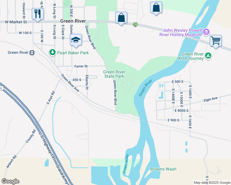 map of restaurants, bars, coffee shops, grocery stores, and more near 450 Green River Boulevard in Green River