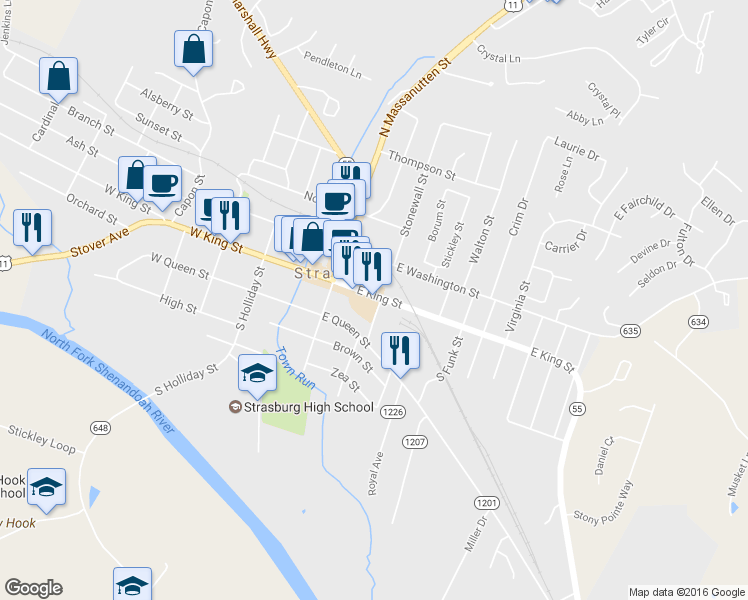 map of restaurants, bars, coffee shops, grocery stores, and more near 390 East King Street in Strasburg