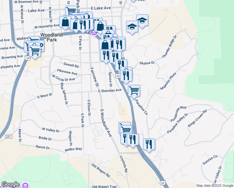 map of restaurants, bars, coffee shops, grocery stores, and more near 409 East Sheridan Avenue in Woodland Park