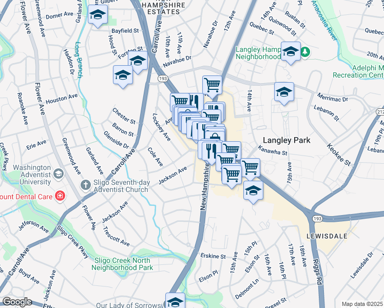 map of restaurants, bars, coffee shops, grocery stores, and more near 1215 Kirklynn Avenue in Takoma Park