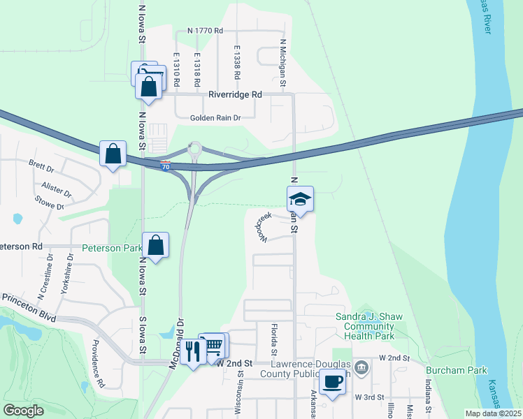 map of restaurants, bars, coffee shops, grocery stores, and more near 255 North Michigan Street in Lawrence