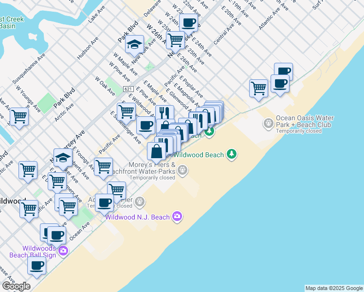 map of restaurants, bars, coffee shops, grocery stores, and more near 3300 Boardwalk in Wildwood