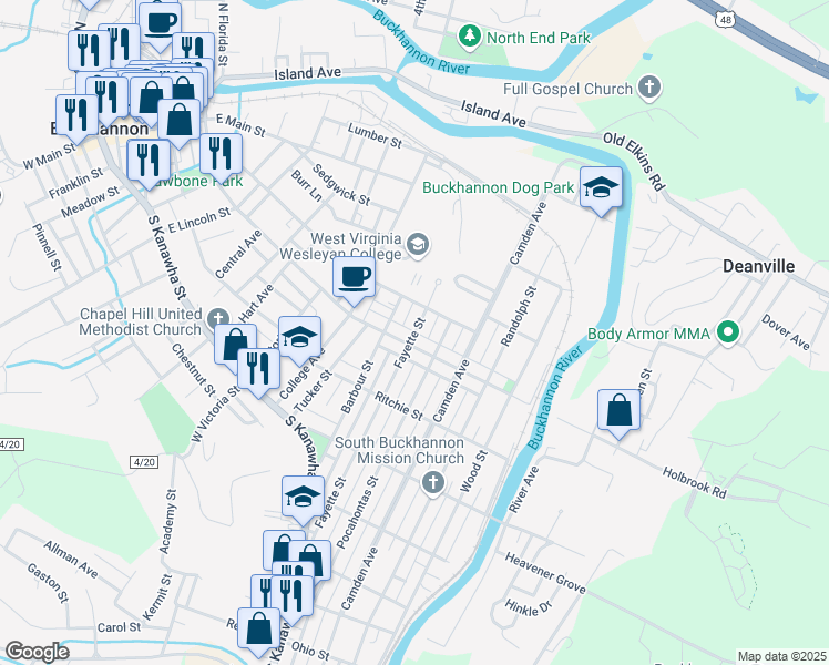 map of restaurants, bars, coffee shops, grocery stores, and more near 87 Fayette St in Buckhannon