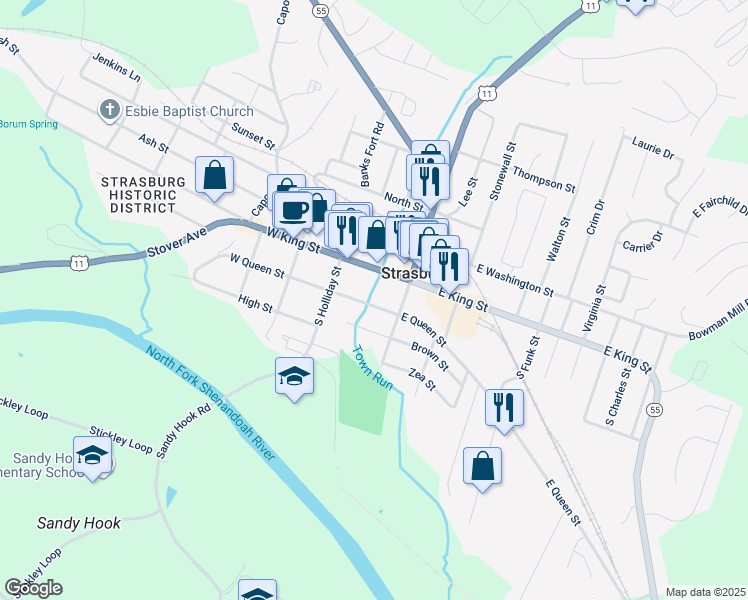 map of restaurants, bars, coffee shops, grocery stores, and more near 211 East Queen Street in Strasburg