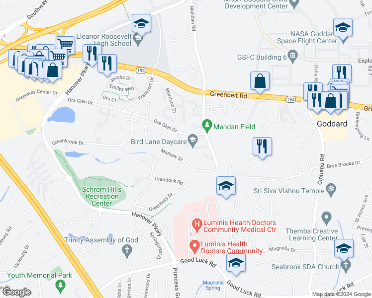 map of restaurants, bars, coffee shops, grocery stores, and more near 7100 Ora Glen Court in Greenbelt