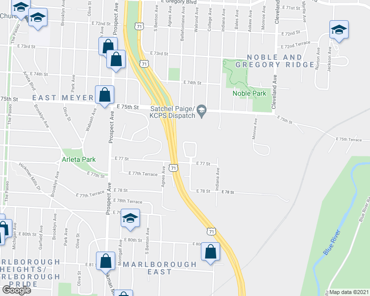 map of restaurants, bars, coffee shops, grocery stores, and more near 7621 East Bellefontaine Avenue in Kansas City