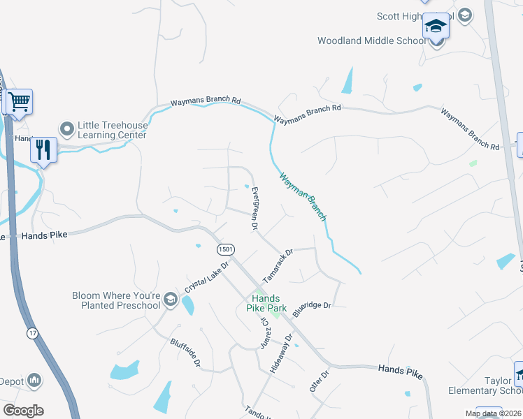 map of restaurants, bars, coffee shops, grocery stores, and more near 2580 Evergreen Drive in Fort Mitchell