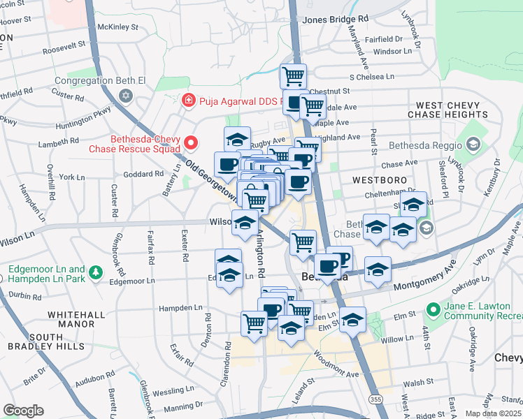 map of restaurants, bars, coffee shops, grocery stores, and more near 4947 Saint Elmo Avenue in Bethesda