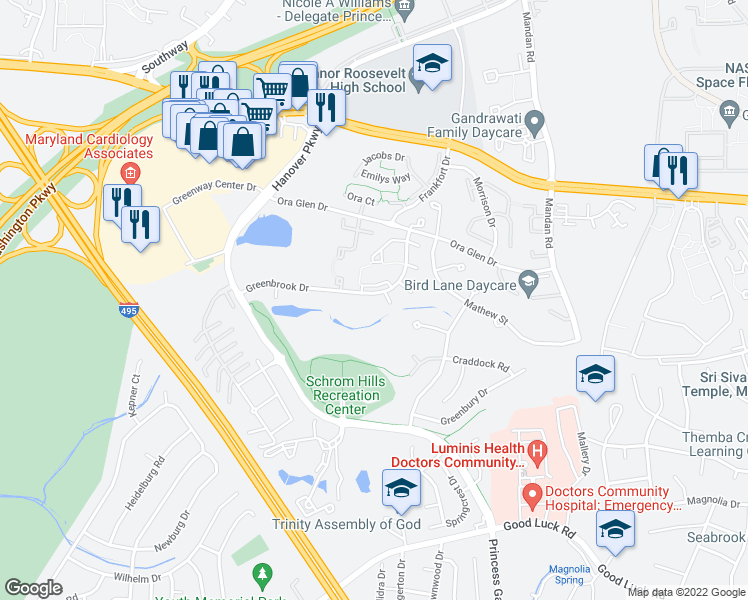 map of restaurants, bars, coffee shops, grocery stores, and more near 7749 Greenbrook Drive in Greenbelt