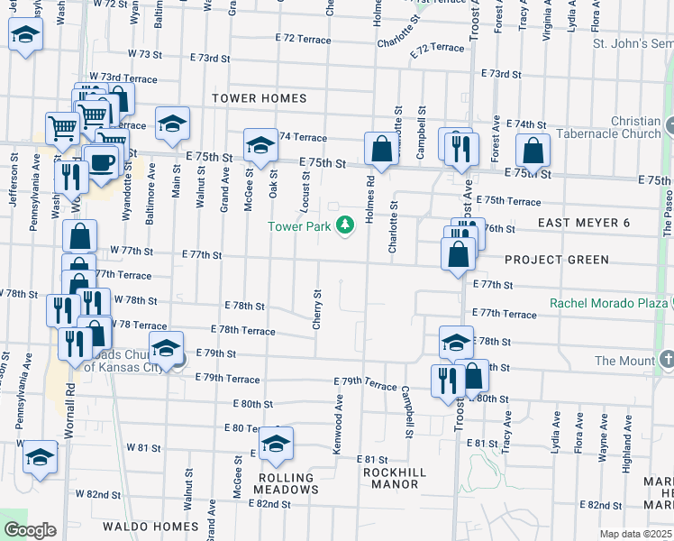 map of restaurants, bars, coffee shops, grocery stores, and more near 601 East 77th Street in Kansas City