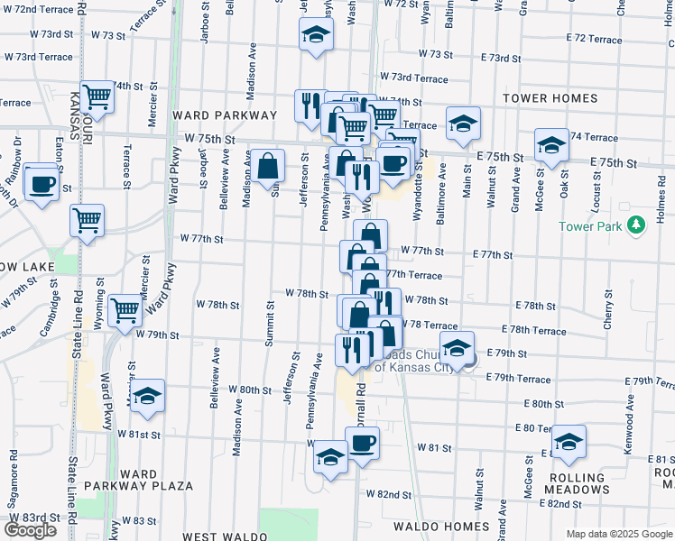 map of restaurants, bars, coffee shops, grocery stores, and more near 7722 Washington Street in Kansas City