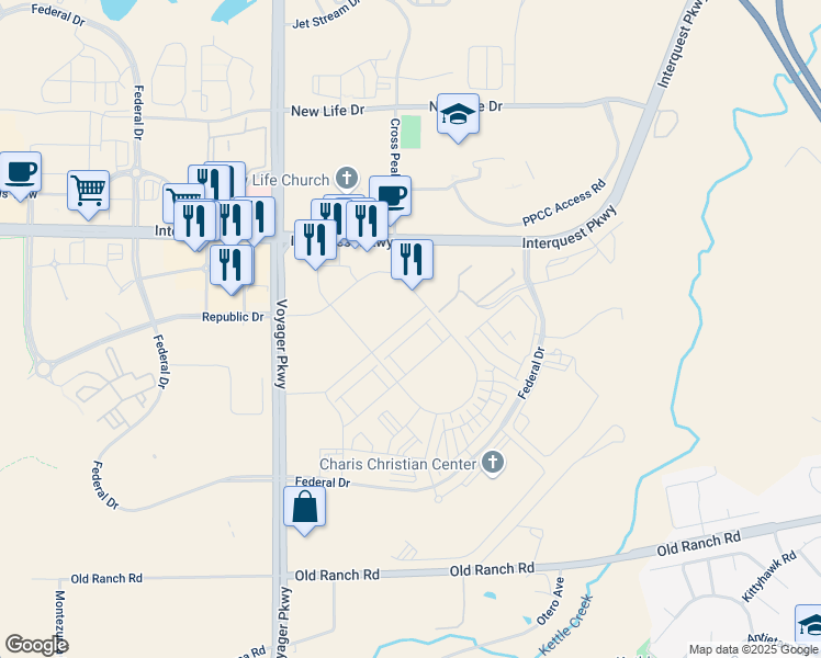 map of restaurants, bars, coffee shops, grocery stores, and more near 1803 Satin Spar Point in Colorado Springs