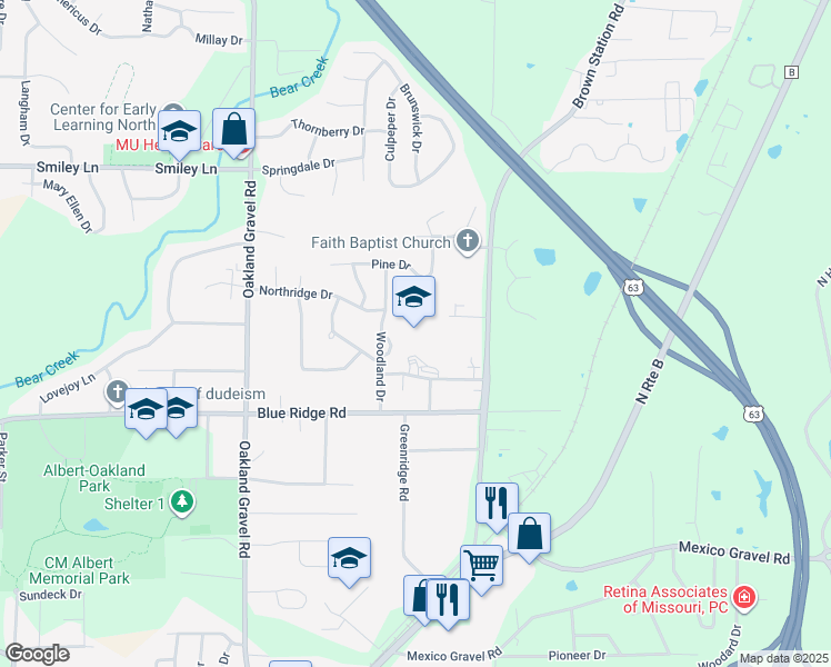 map of restaurants, bars, coffee shops, grocery stores, and more near 3700 Woodland Drive in Columbia