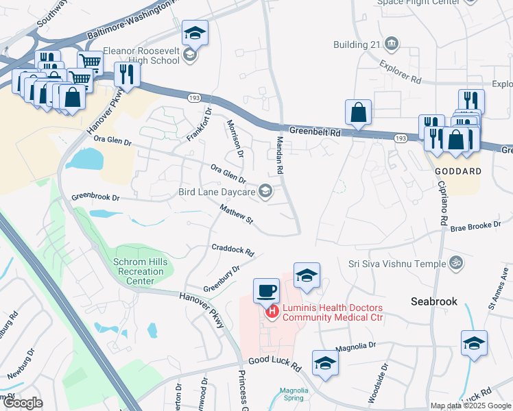 map of restaurants, bars, coffee shops, grocery stores, and more near 7100 Ora Glen Court in Greenbelt
