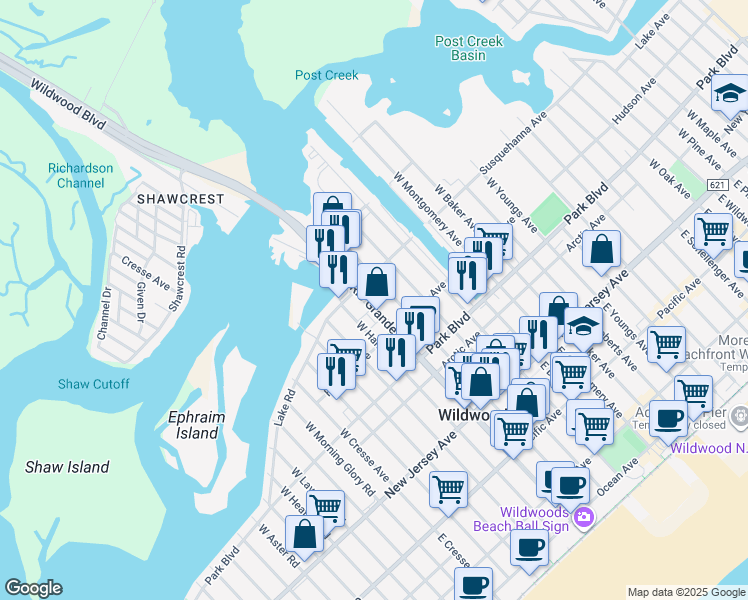 map of restaurants, bars, coffee shops, grocery stores, and more near 437 West Rio Grande Avenue in Wildwood