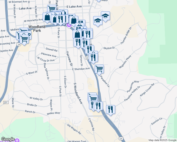 map of restaurants, bars, coffee shops, grocery stores, and more near 409 East Sheridan Avenue in Woodland Park