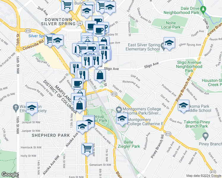 map of restaurants, bars, coffee shops, grocery stores, and more near 101 Independence Avenue Southeast in Washington