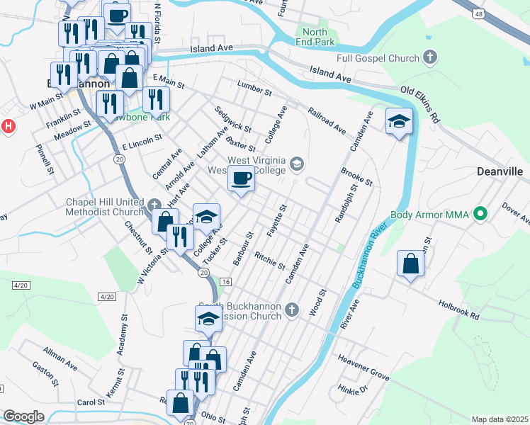 map of restaurants, bars, coffee shops, grocery stores, and more near 79-87 Fayette St in Buckhannon