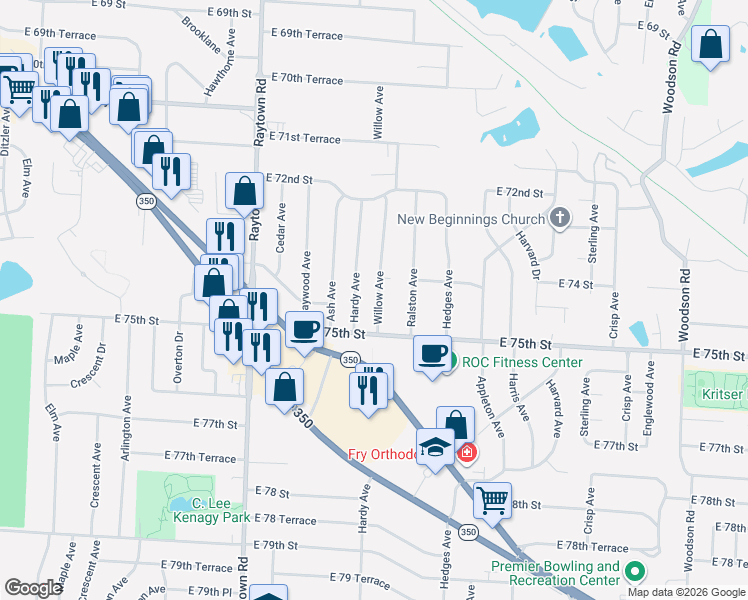 map of restaurants, bars, coffee shops, grocery stores, and more near 7415 Hardy Avenue in Raytown