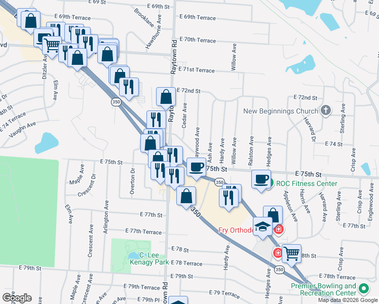 map of restaurants, bars, coffee shops, grocery stores, and more near 10109 East 74th Terrace in Raytown