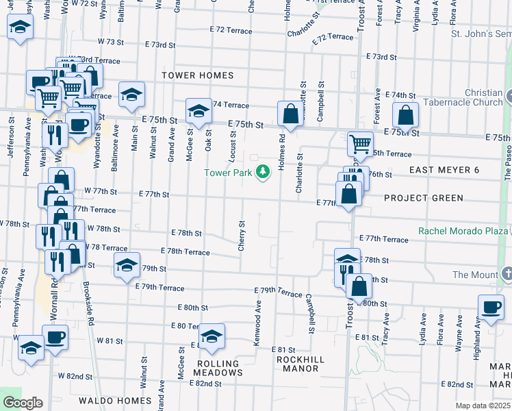 map of restaurants, bars, coffee shops, grocery stores, and more near 601 East 77th Street in Kansas City