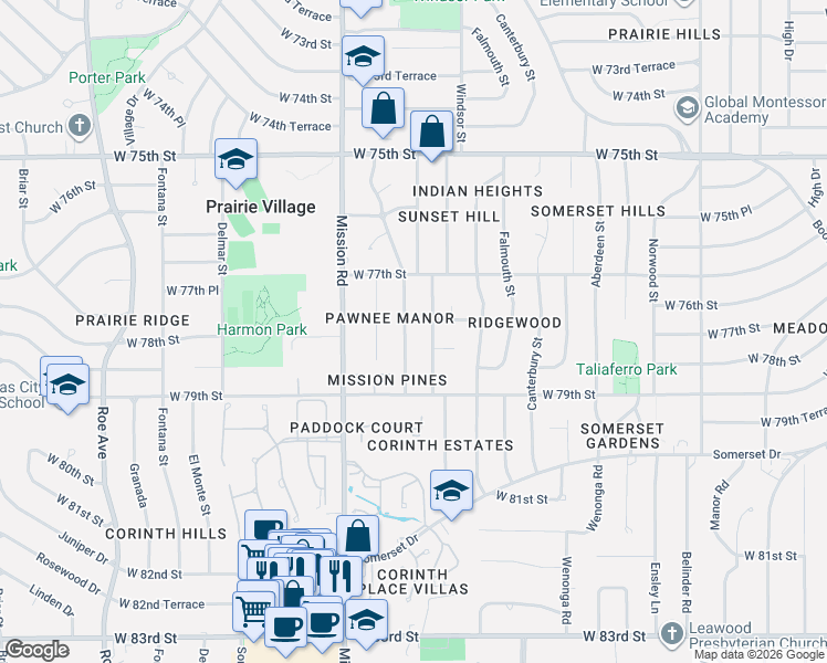 map of restaurants, bars, coffee shops, grocery stores, and more near 7747 Mohawk Drive in Prairie Village