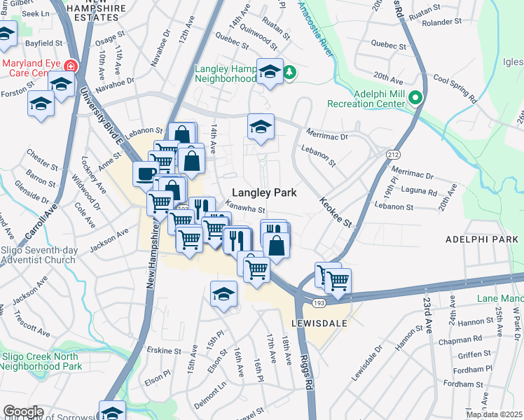 map of restaurants, bars, coffee shops, grocery stores, and more near in Langley Park